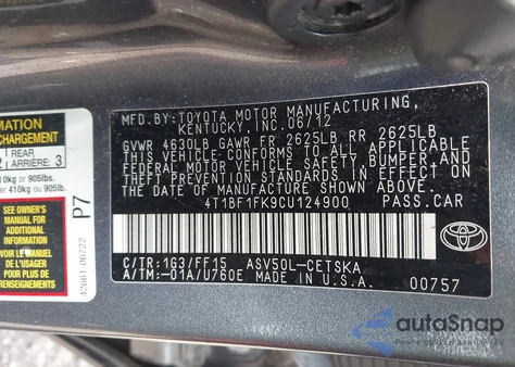 2012 Toyota Camry Se from USA, damaged, VIN 4T1BF1FK9CU124900
